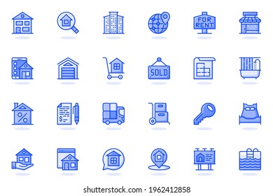 Real Estate Web Flat Line Icon. Bundle Outline Pictogram Of Buying House, Looking For Housing, Apartments, Rent, Sold, Bank Loan, Mortgage Concept. Vector Illustration Of Icons Pack For Website Design