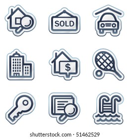 Iconos de la web inmobiliaria, serie de stickers de contorno azul profundo