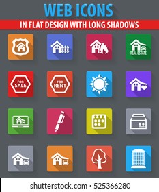 Real estate web icons in flat design with long shadows