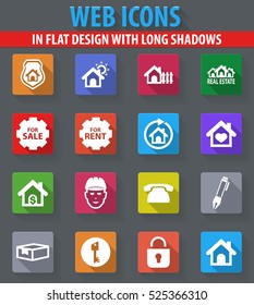 Real estate web icons in flat design with long shadows