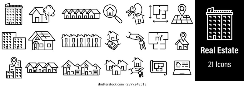 Real Estate Web Icons. House, Multi-Storey Building, Home, Apartment, Property. Vector in Line Style Icons