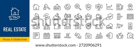 Real Estate web icons in line style. Rent, building, agent, house, auction, property, mortgage, home, realtor, collection. Editable stroke. Vector illustration.