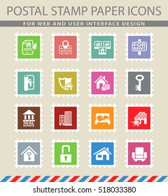 real estate web icons on the postage stamps