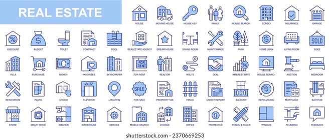 Real estate web icons set in blue line design. Pack of house, moving home, key, insurance, garage, budget, contract, realtor agency, mortgage, loan, property, other. Vector outline stroke pictograms