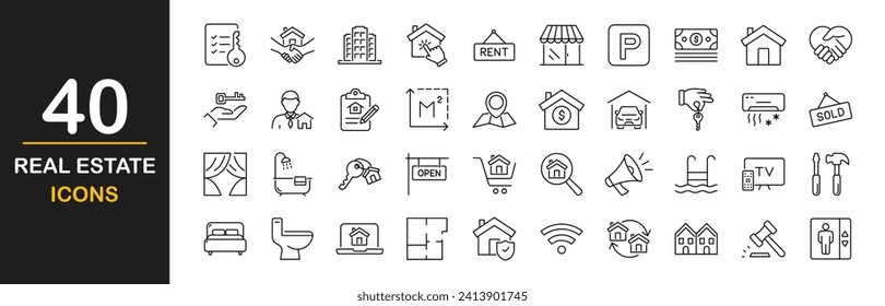 Websymbole für Immobilien-Objekte. Immobilien - einfache Sammlung von Symbolen für dünne Linien. Enthält Immobilien, Kauf, Hypothek, Wohnungsdarlehen, Haus, Miete und mehr. Einfache Web-Symbole