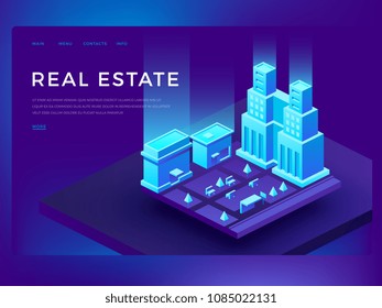 Real estate web site design with 3d isometric buildings. Smart city technology vector business innovation concept. Urban cityscape innovation illustration