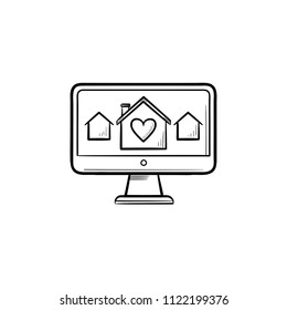Icono de doodle dibujado a mano en el sitio web de bienes raíces. Monitor con casas como concepto moderno de tecnología real. Ilustración de esbozo vectorial para impresión, web, móvil e infografía sobre fondo blanco