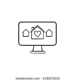 Real estate website hand drawn outline doodle icon. Monitor with houses as real estate advertising concept. Vector sketch illustration for print, web, mobile and infographics on white background