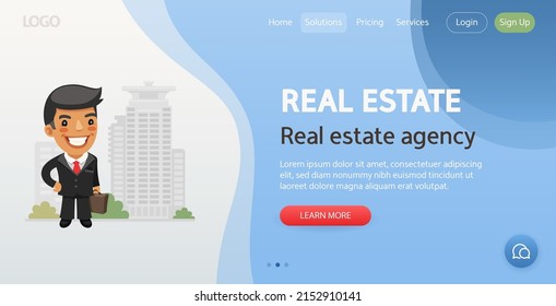 Real estate website template. Illustration of a cartoon real estate agent with a briefcase stands on the street. Composition with a professional. Flat male character.