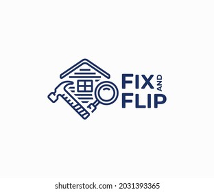 Real estate wholesale logo design. Flipping house vector design. Home repair with hammer and magnifying glass logotype