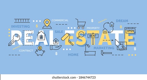 Real estate word cloud collage, thin line vector illustration for web site design agency service, business investment concept creative banner background with commercial investing in property ownership