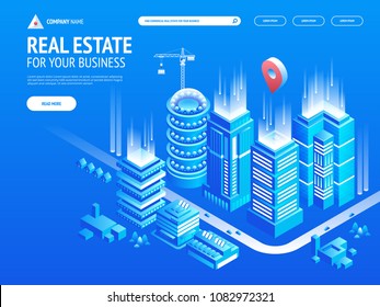 Ð¡ommercial real estate for your business. Choose criteria for office. Isometric vector illustation with buildings. Landing page template. Header for website. 