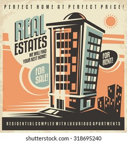 Real estates vintage ad design concept. Residential building retro poster template. House for rent. Home for sale. Promotional document mock up.