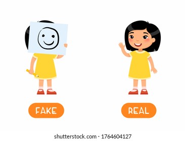 REAL and FAKE antonyms word card vector template. Opposites concept. Little asian girl holding drawing of smiling face illustration with typography. Flashcard for english language learning
