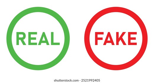 Real and fake round sign vector icon set. Authenticity and counterfeit symbol.