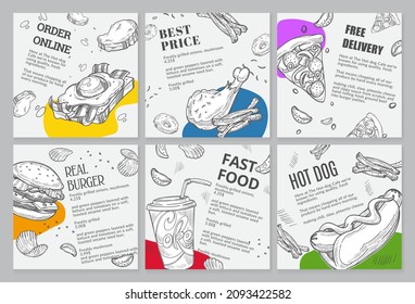 Real fast food at social media post banner set. Advertising template design with delivery order offer. Online dinner menu with special discount price. Hand drawn burger, hotdog and pizza element