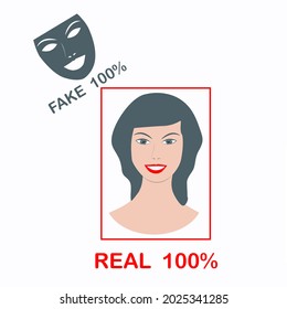 Real female face in a frame and mask - vector. Deepfake. Falsification. Artificial intelligence.