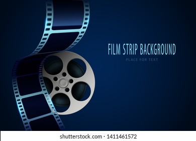 Real film strips in waveform with cinema rell.Vector poster design template. 3d flyer or poster festival isolated on blue background. Movie time background. Cinematography concept of film industry