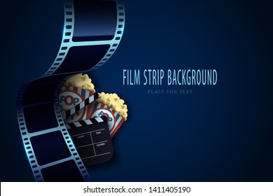 Real film strips in waveform with popcorn box and clapper board. Cinema vector template for your design. 3d flyer or poster festival. Movie time background. Cinematography concept of film industry.