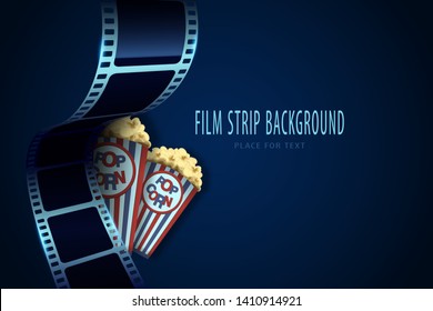 Real film strips in waveform with two popcorn box isolated on blue background. Cinema vector design template. 3d flyer or poster festival. Movie time background.Cinematography concept of film industry
