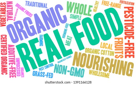 Real Food  word cloud on a white background. 