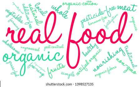 Real Food  word cloud on a white background. 