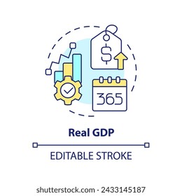 Real gdp multi color concept icon. Macro economy. Government revenue, capital gain. Market value. Round shape line illustration. Abstract idea. Graphic design. Easy to use in brochure, booklet