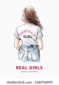 real girls slogan with hand drawn blonde girl in perfect t shirt shand back vector illustration