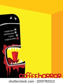 Real Halloween. A coffee machine that turned into a bloodthirsty monster. Vector image for prints, poster and illustrations.