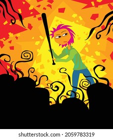 Real Halloween. A young girl with a baseball bat fights with evil spirits. Vector image for prints, poster and illustrations.