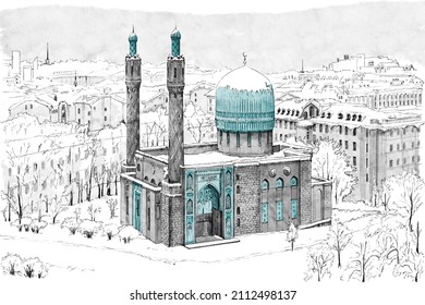 A real hand drawn pencil sketch of the Saint Petersburg mosque with surrounding at winter time. Islamic architecture