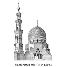 A real hand drawn pencil sketch of the mosque in Fatimid Style. Islamic architecture of Egypt