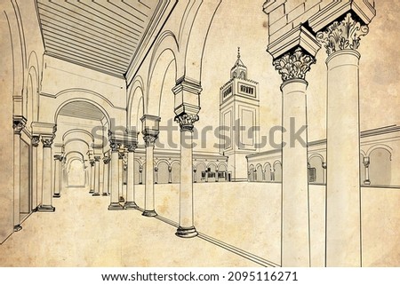 A real hand drawn pencil sketch with old paper vintage effect of the Al-Zaytuna Mosque (the Mosque of Olive) in Tunis, Tunisia. Islamic architecture 