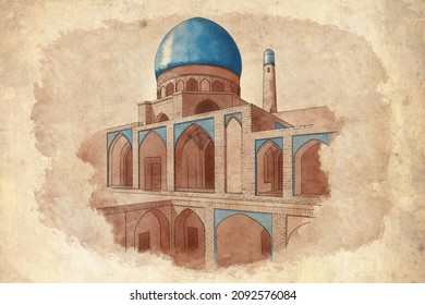 A real hand-drawn color sketch (digital pencil and brush) of a mosque in Persian style with old paper vintage effect. Islamic architecture