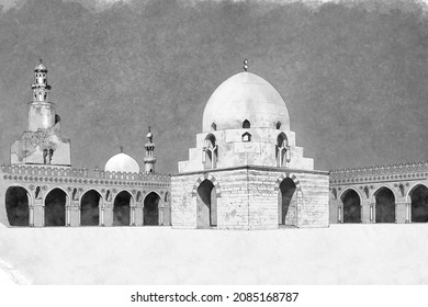 Un verdadero boceto de lápiz y pincel digital dibujado a mano de la mezquita Ibn Tulun en El Cairo, Egipto. Arquitectura islámica