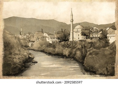 A real hand-drawn digital pencil sketch of panorama Koski Mehmet Pasha mosque and Neretva river in Mostar town, Bosnia and Herzegovina, with old paper vintage effect. Islamic architecture