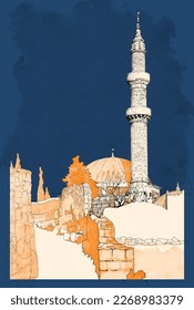 A real hand-drawn illustration (using a digital pencil and brush) of the Old Mosque. Islamic architecture