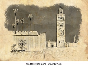 A real hand-drawn pencil sketch of Al-Koutoubia Mosque in Marrakech, Morocco with old paper vintage effect. Islamic Architecture