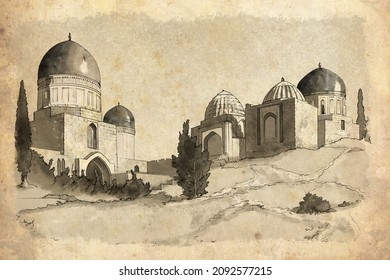 A real hand-drawn pencil sketch with old paper vintage effect (using a digital pencil and brush) of the Shah-i-Zindah (The living king) ensemble, Samarkand, Uzbekistan. Islamic architecture 