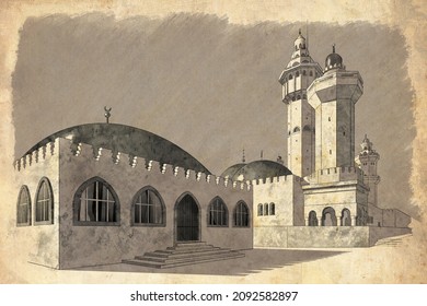 A real hand-drawn pencil sketch with old paper vintage effect of the minarets and buildings of the Great Mosque of Touba, Senegal. Islamic architecture
