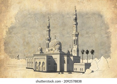 A real hand-drawn pencil sketch with paper vintage effect (using digital pencil and brush) of the mosque in Fatimid style. Islamic architecture