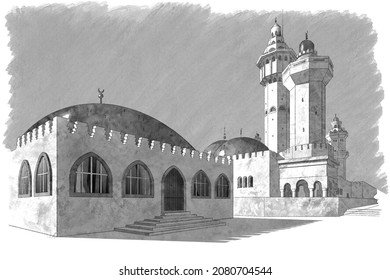 A real hand-drawn sketch (with digital pencil and brush) of the minarets and buildings of the Great Mosque of Touba, Senegal. Islamic architecture 