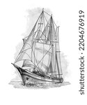 A real handmade pencil sketch of a sailing schooner. Digital drawing