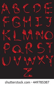 The real handmade a to z alphabet font in red style. Bloody alphabet. on a black background. Vector eps 10.