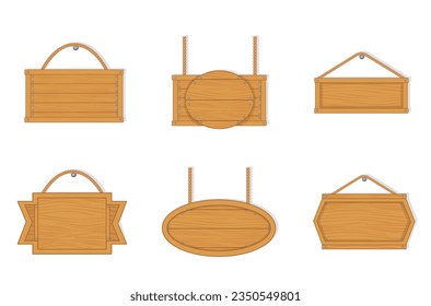 Real hanging wooden plank sign on a white background. Old west empty wooden boards. Empty wooden planks with nails for banners or messages hanging on chains or ropes. Vector illustration, EPS 10.