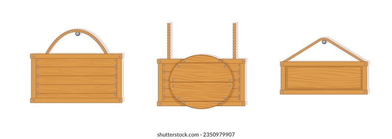 Real hanging wooden plank sign on a white background. Old west empty wooden boards. Empty wooden planks with nails for banners or messages hanging on chains or ropes. Vector illustration, EPS 10.