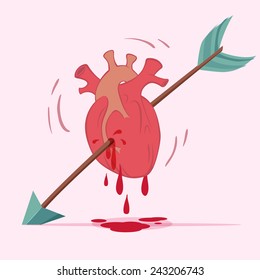 Real Heart with an arrow pierced through and stick to the ground bleeding