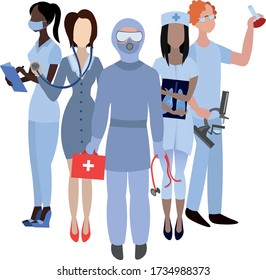 The real heroes are the guardian of health. People in lab coats save the planet and human lives. Vector concept.