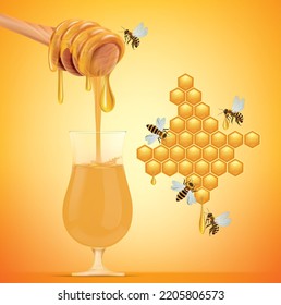 Real honey dripping into a glass.illustration vector