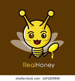 real honey.cute bee character holding a real honey in his hand
